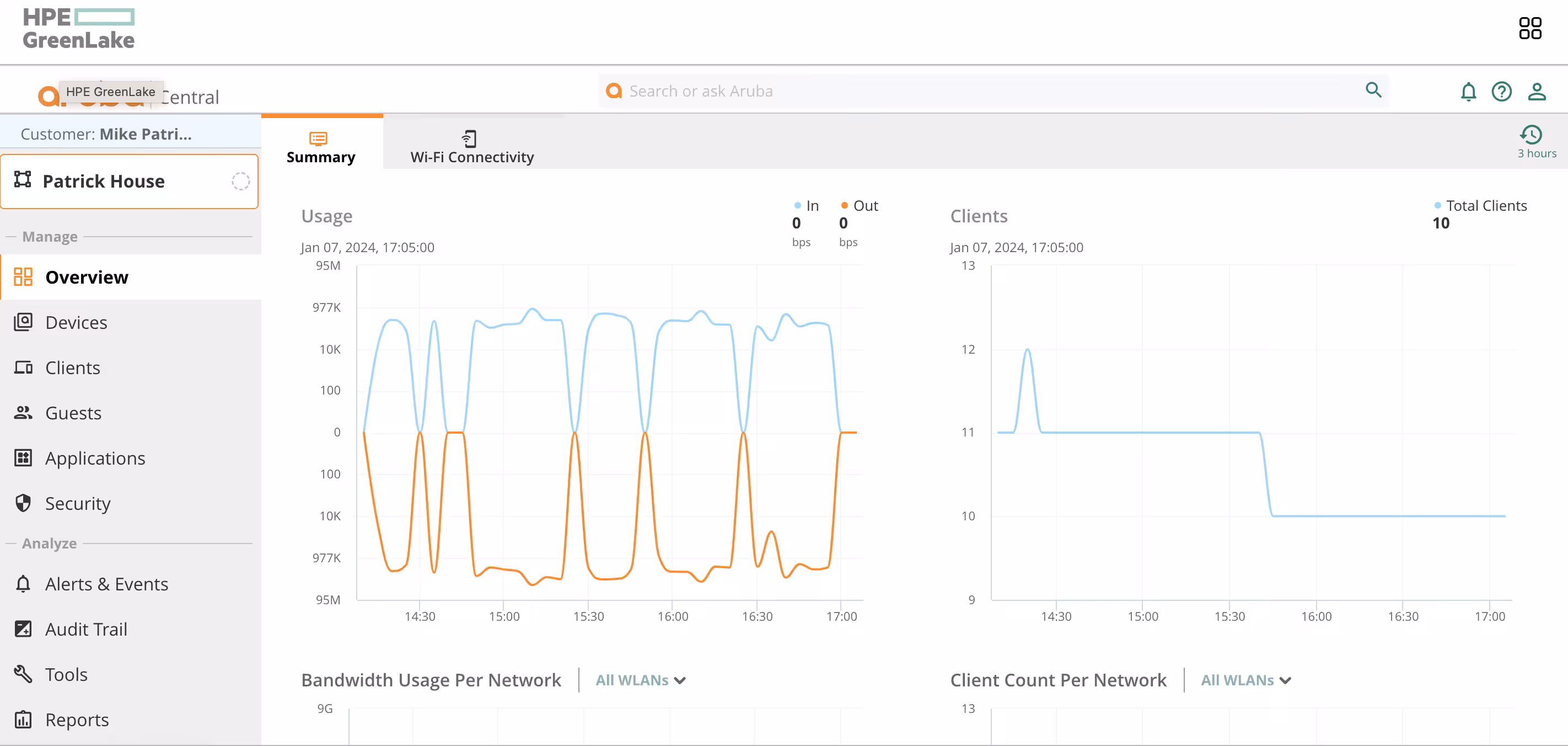 Aruba HPE GreenLake Dashboard view