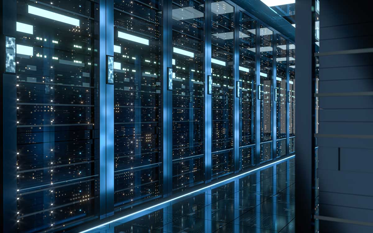 Server racks in computer network security server room data center.