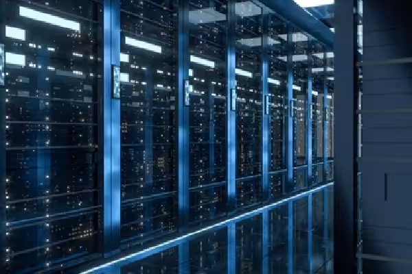 Server racks in computer network security server room data center.