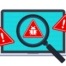 Computer bug detection icon. System error warning on a laptop. Scanning for malware, virus, scam, or bug with a magnifying glass. Antivirus concept. Illustration with the flat style.