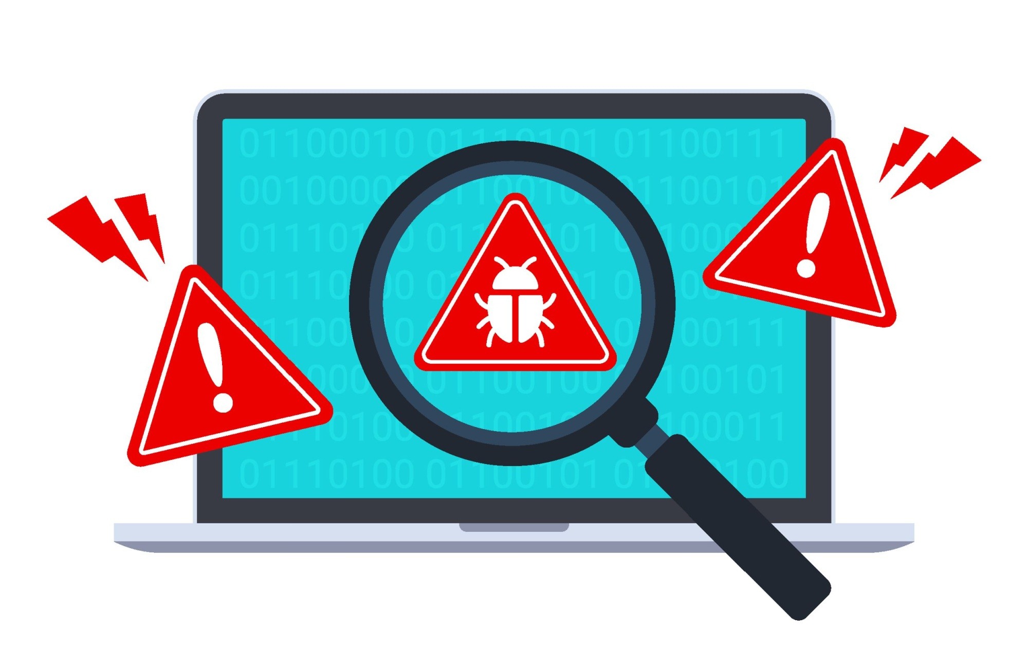 Computer bug detection icon. System error warning on a laptop. Scanning for malware, virus, scam, or bug with a magnifying glass. Antivirus concept. Illustration with the flat style.