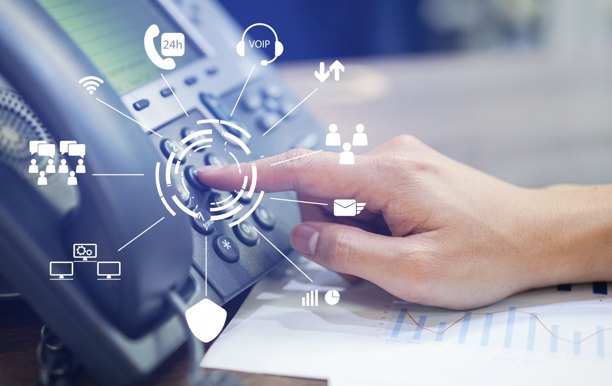 close up employee call center man hand point to press button number on telephone office desk with virtual communication technology concept