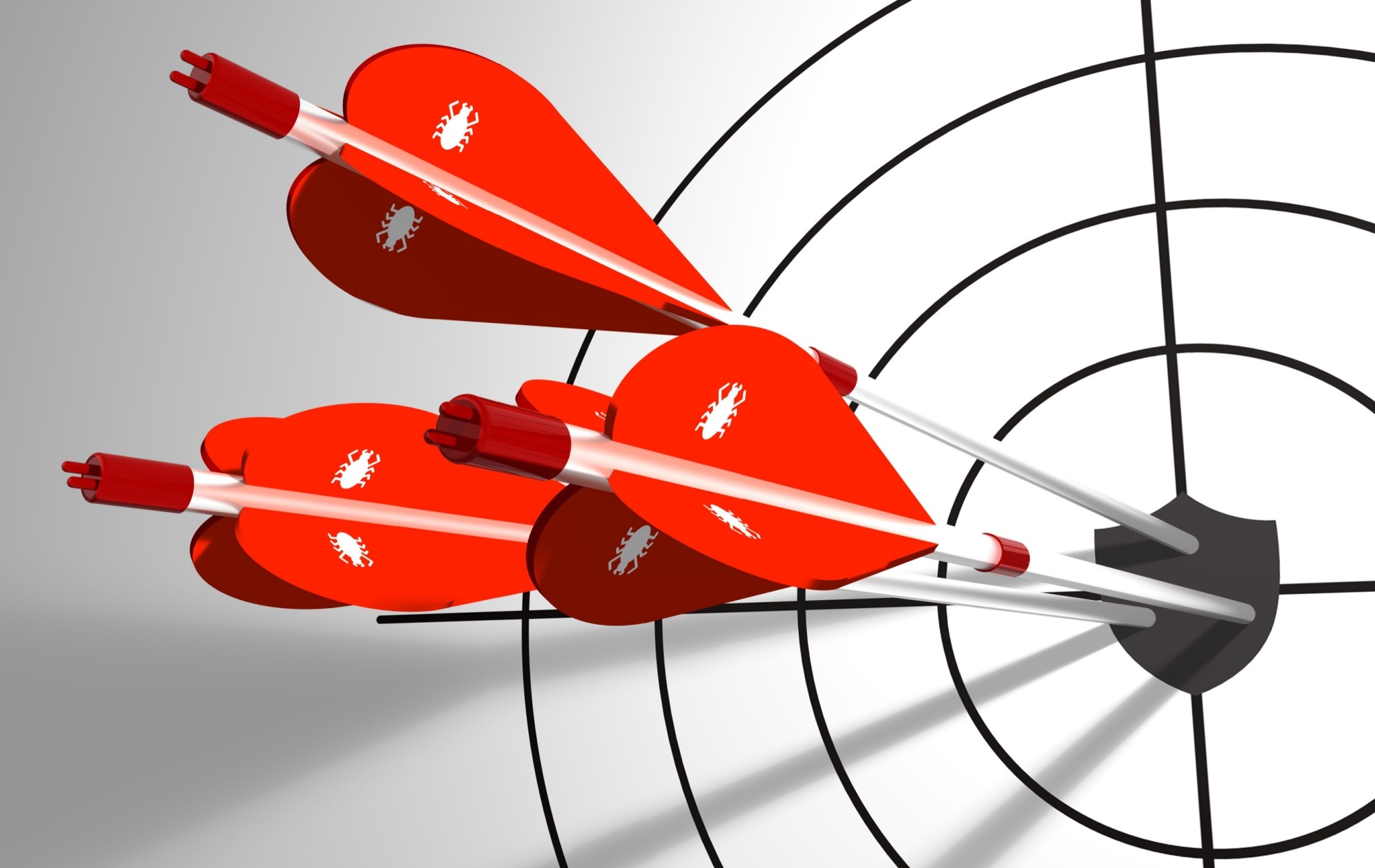 Three arrows with a virus texture hitting a shield in the center of a target cybersecurity concept 3D illustration
