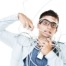 Portrait of man in glasses tangled in wire, cables and isolated on a white background.