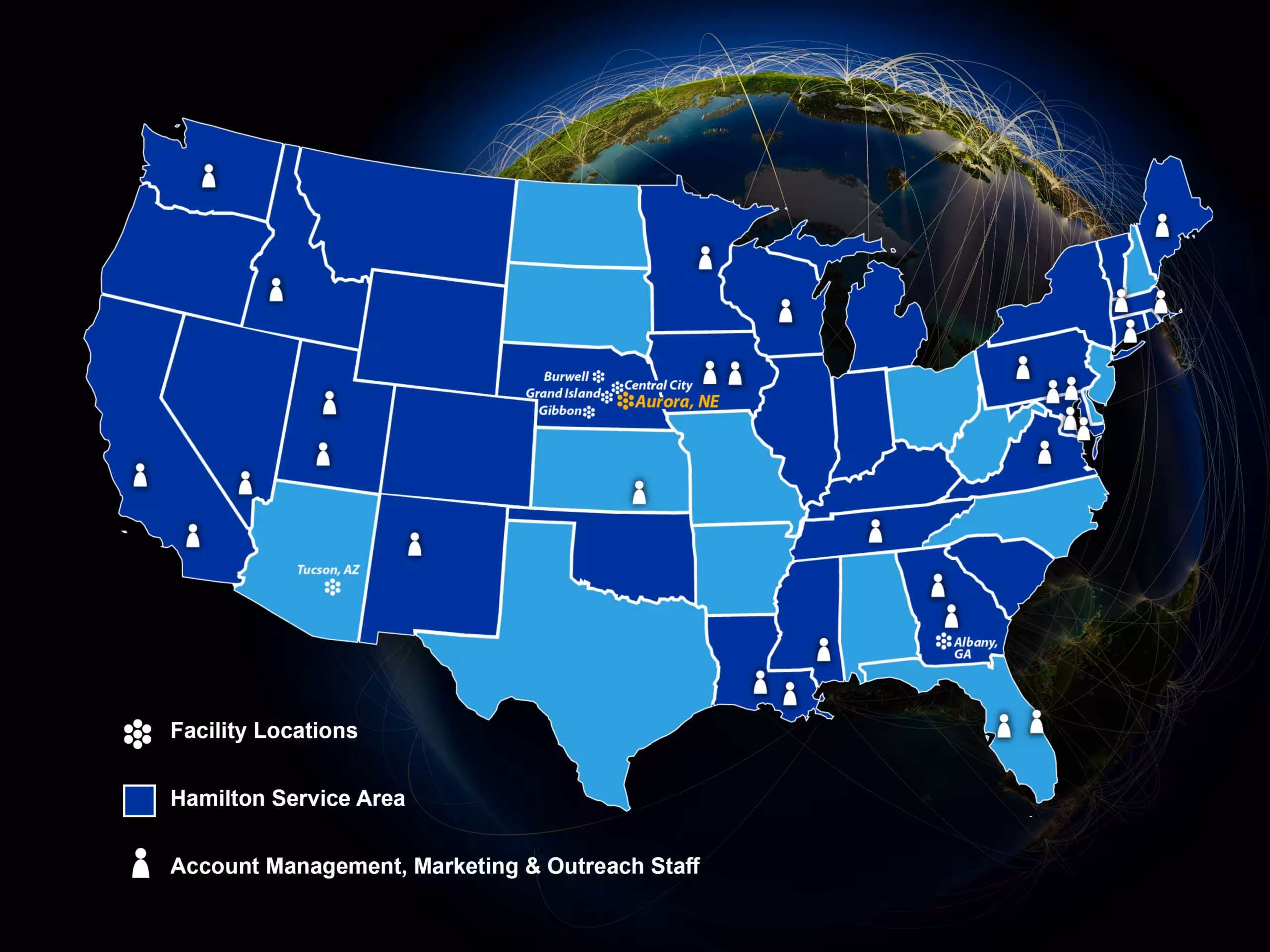 United States corporate map with facility locations, Hamilton service area, and staff locations. United States corporate map with facility locations, Hamilton service area, and staff locations.