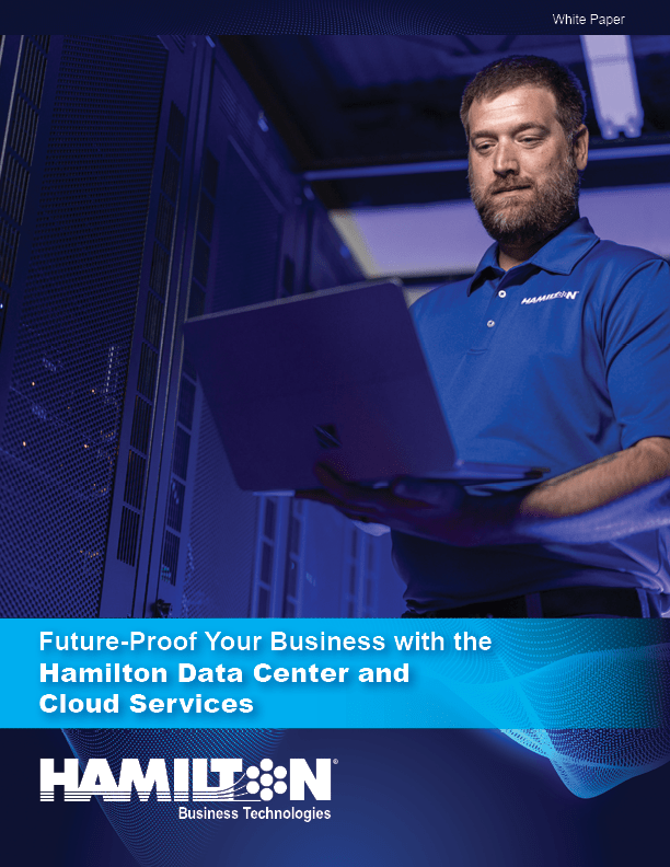 White Paper cover page showing a hamilton tech working on a computer in the Hamilton Data Center White Paper cover page showing a hamilton tech working on a computer in the Hamilton Data Center