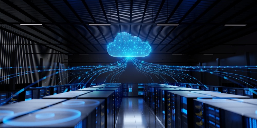 A,Computer,Server,Room,With,A,Large,Blue,Cloud,On